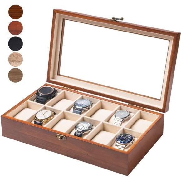Watch Box Watch Case for Men Women with Large Glass Lid, Wooden Watch Display - Picture 1 of 6